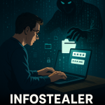 Illustration showing a shadowy figure made of digital code reaching out of a laptop screen to steal personal data, representing infostealer malware.